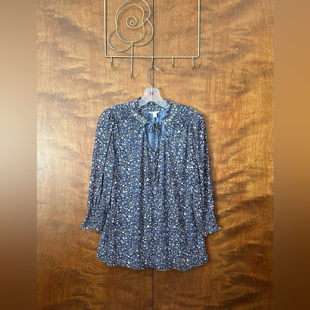 Cato Tie Neck Floral Mesh Smocked Blouse Womens M Blue 3/4 Sleeves Lined Career